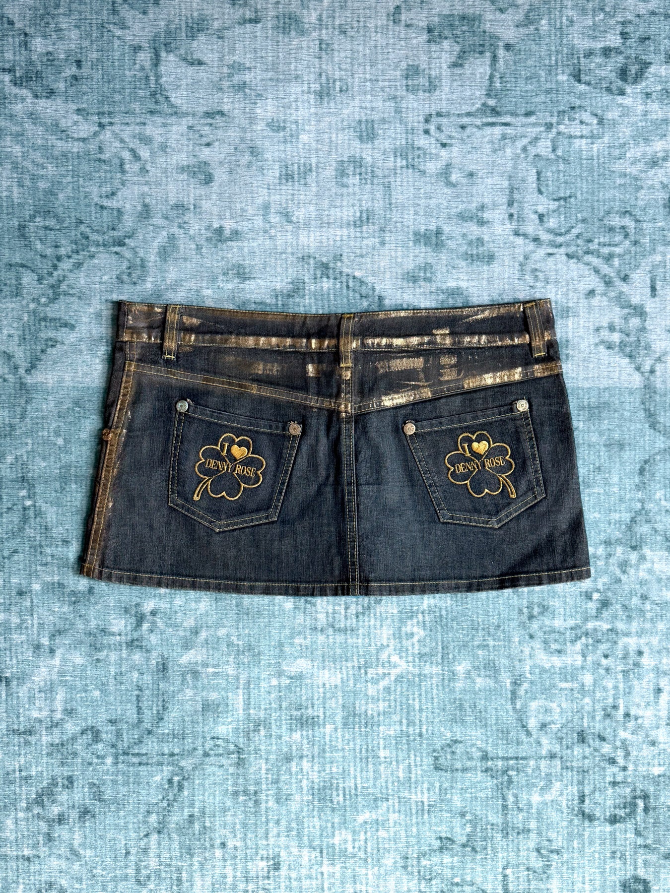gold paint denim micro skirt