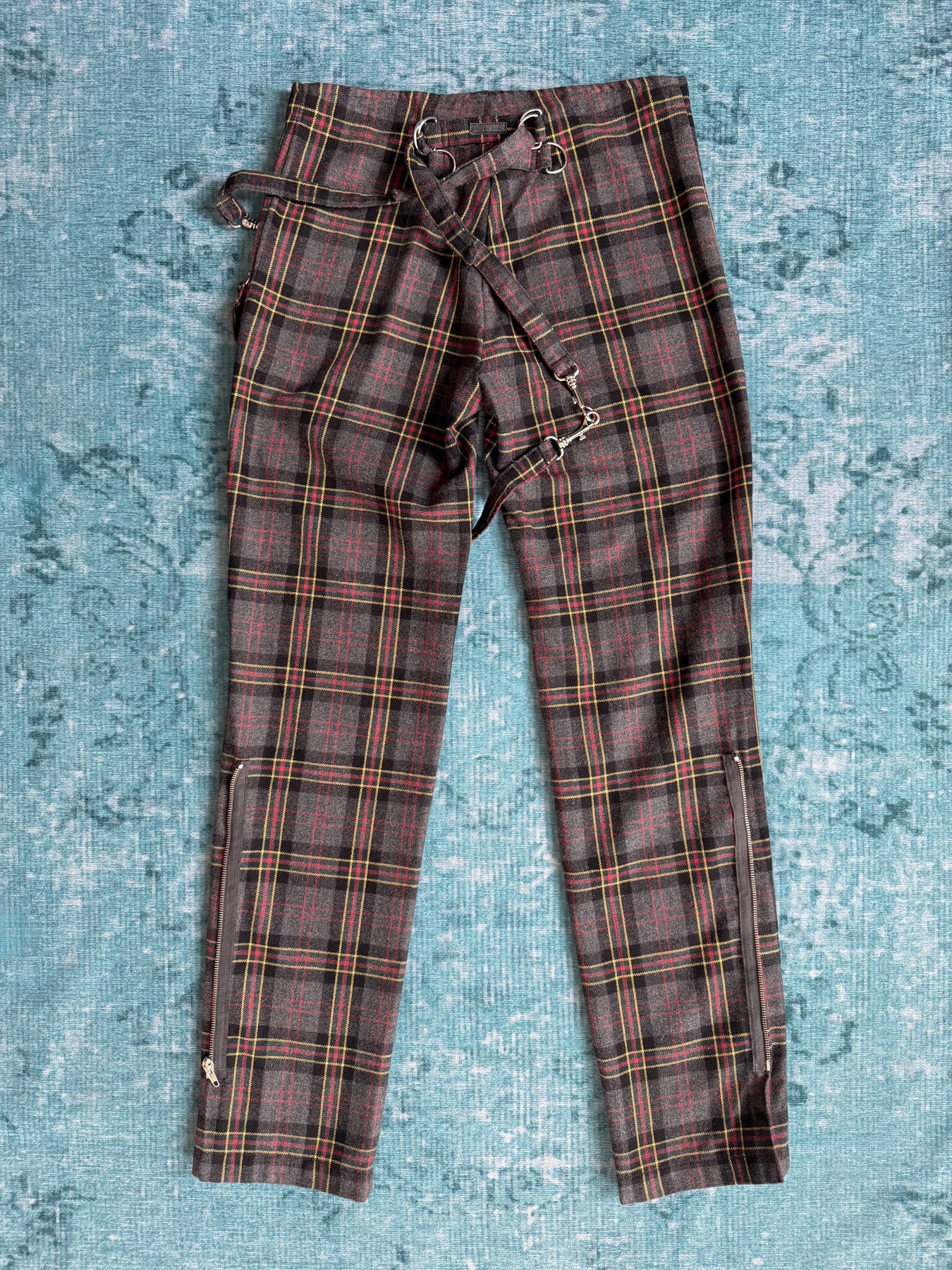 tartan wool pants with straps + zips