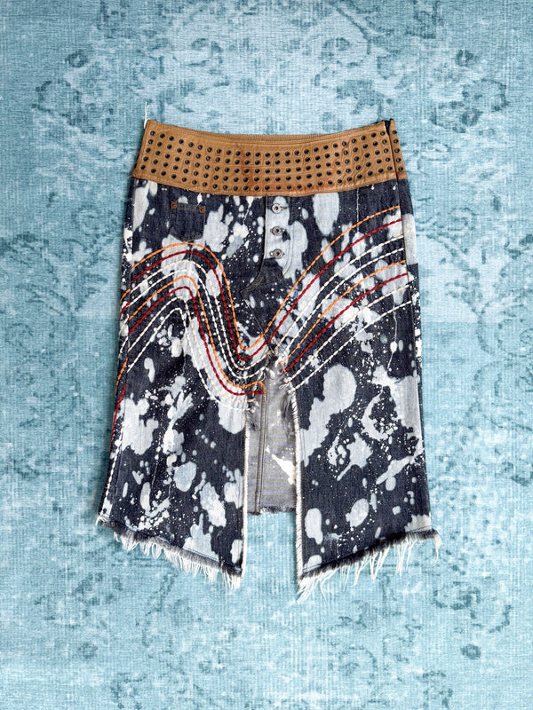 embroidered bleach denim skirt