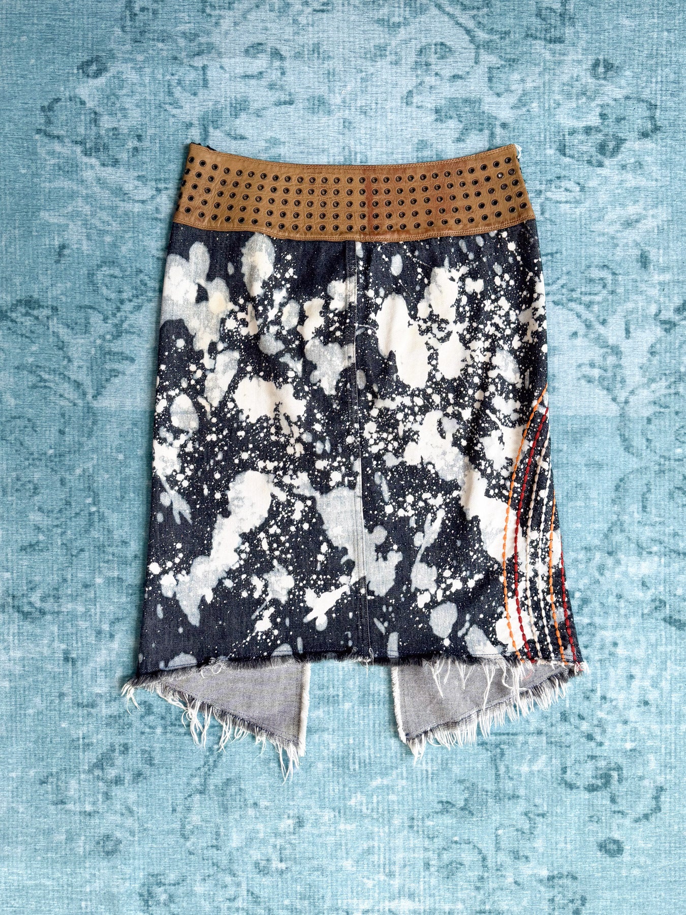 embroidered bleach denim skirt