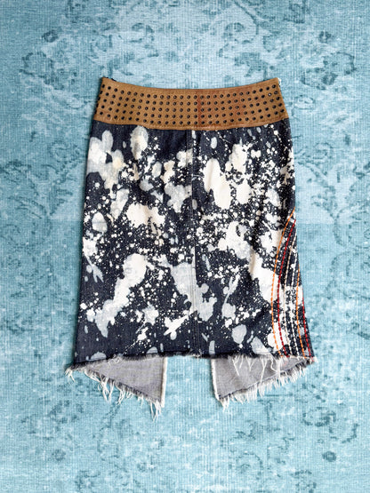 embroidered bleach denim skirt