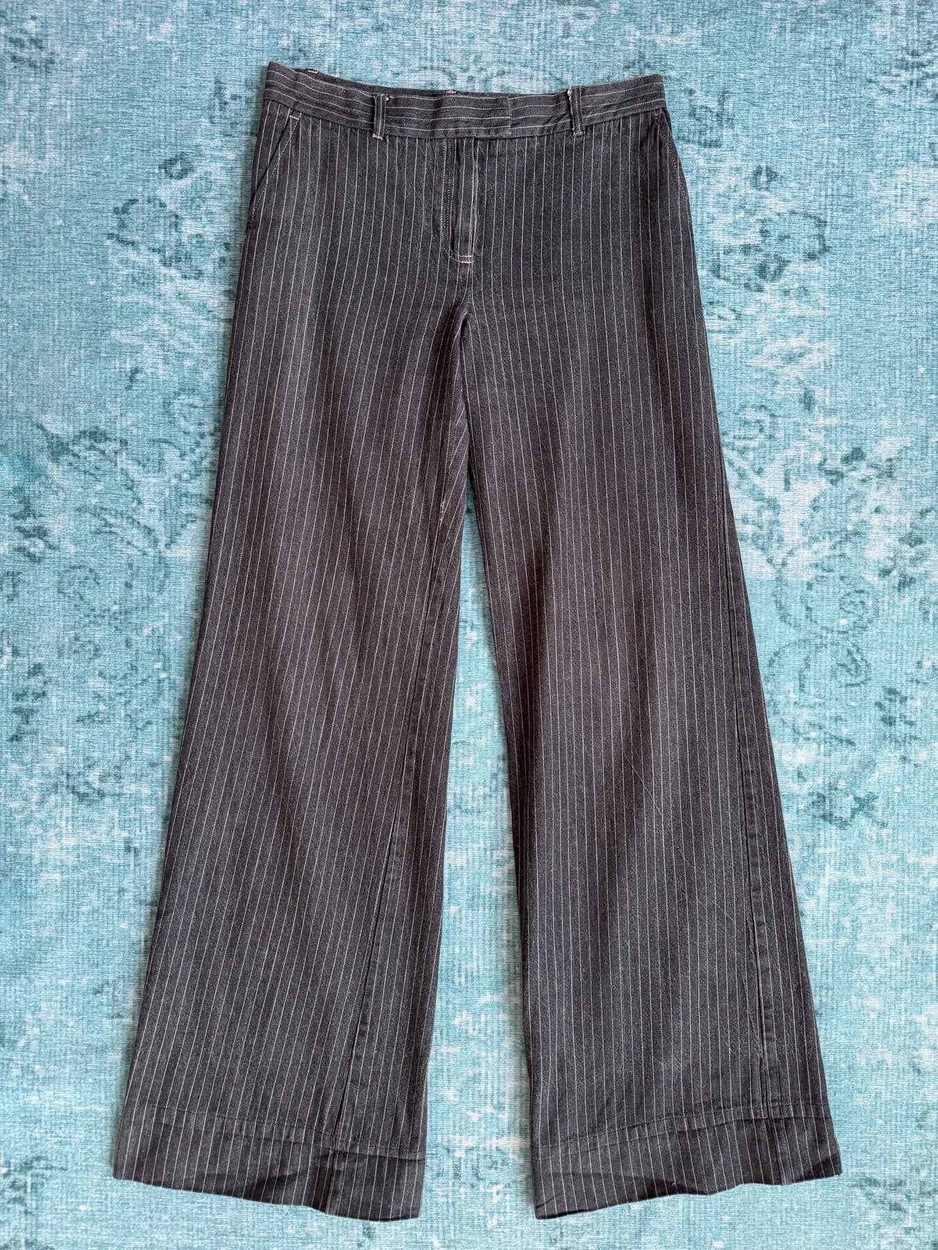 KENZO cable knit pinstripe hooded vest + pinstripe wide-leg trousers