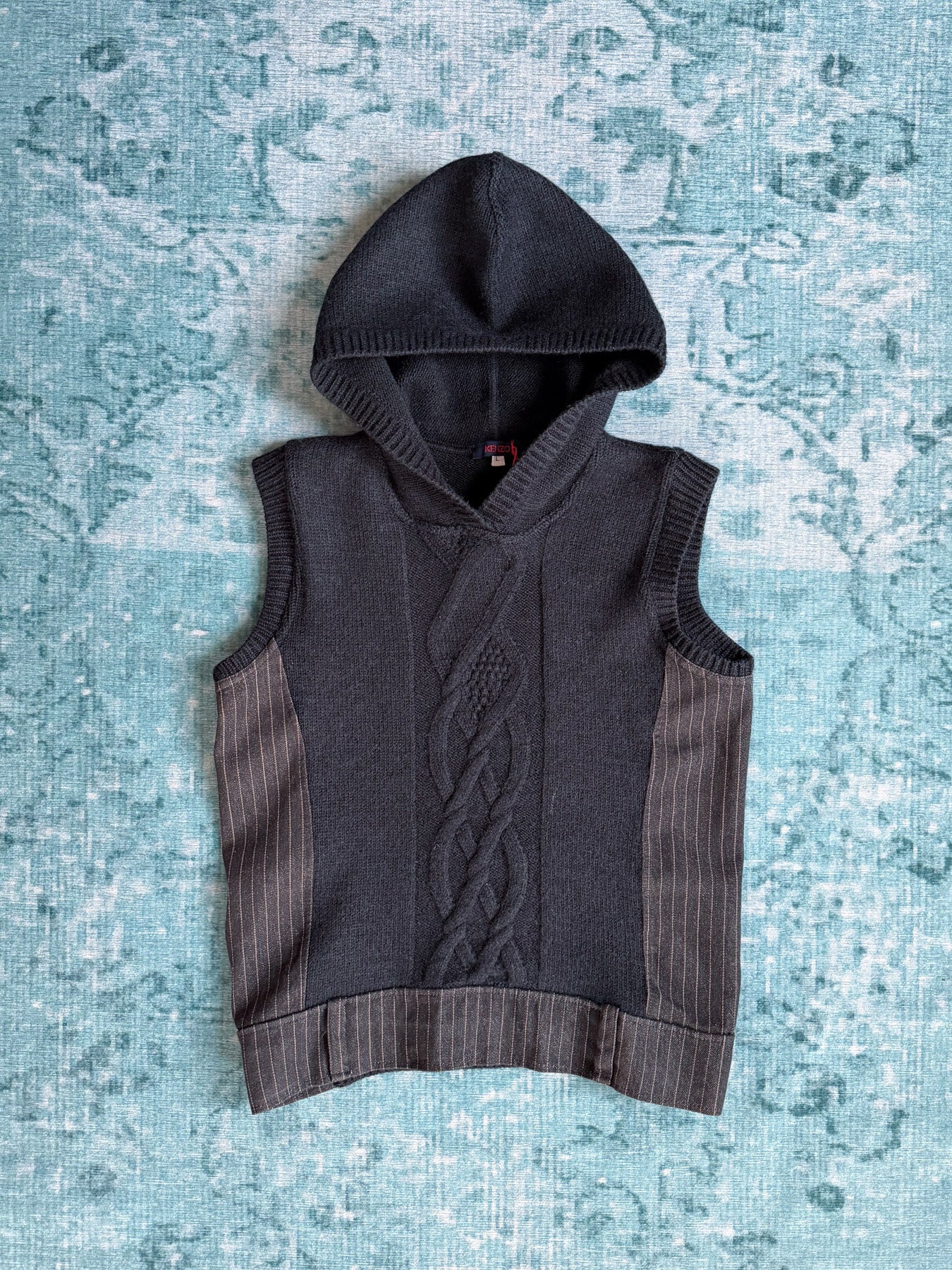 KENZO cable knit pinstripe hooded vest + pinstripe wide-leg trousers