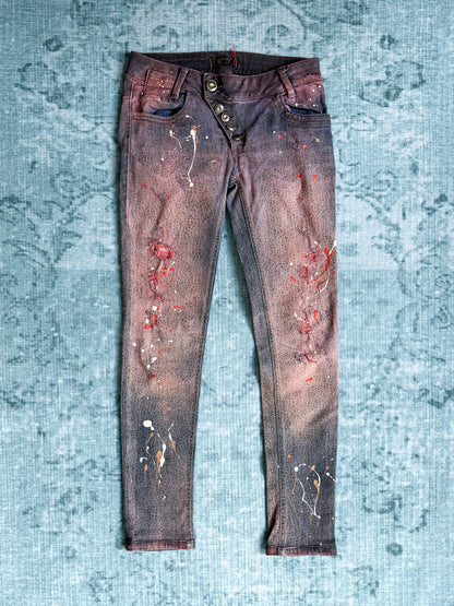 crackle print paint splatter skinny jeans