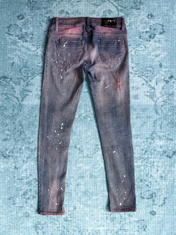 crackle print paint splatter skinny jeans