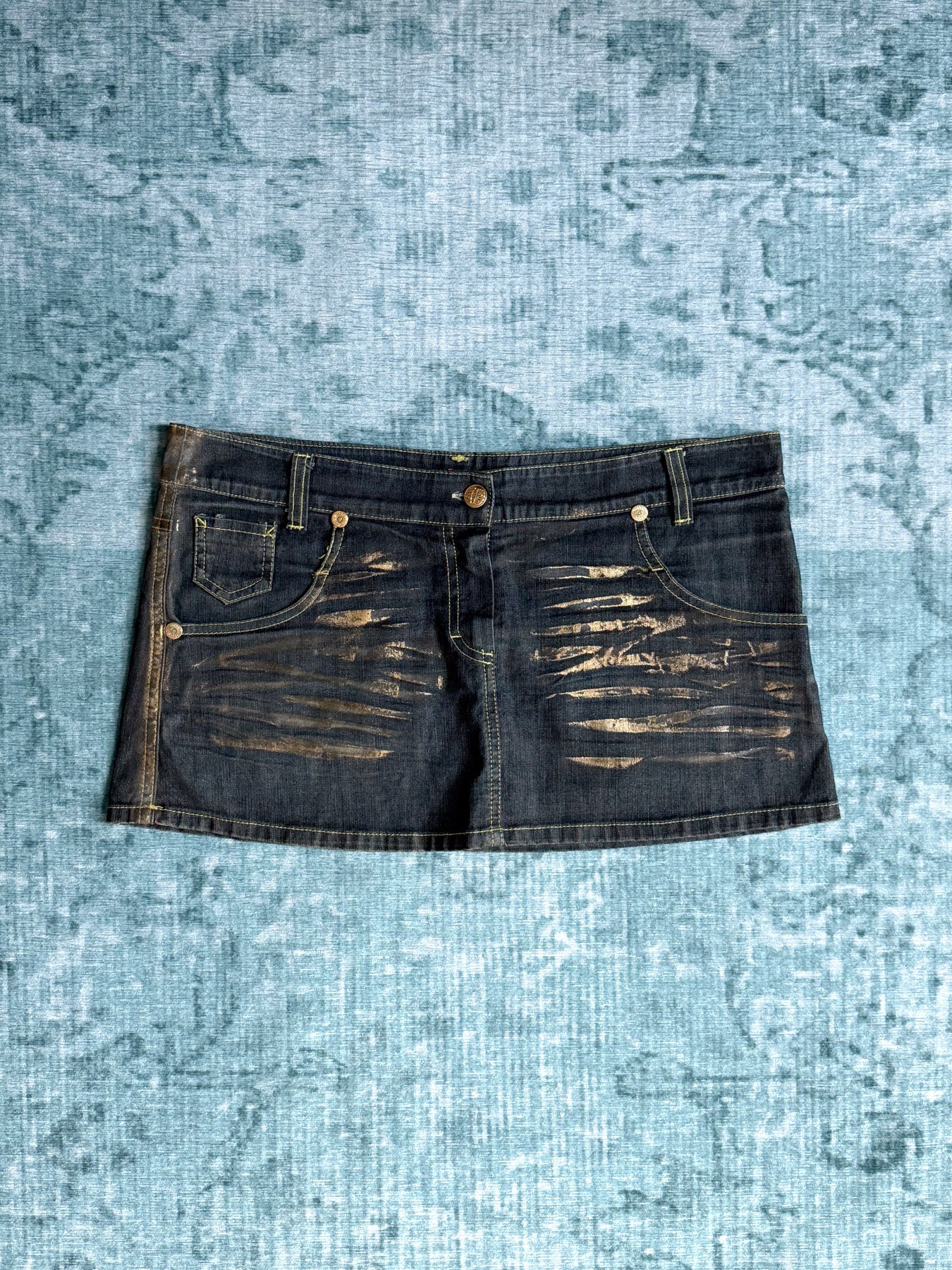 gold paint denim micro skirt