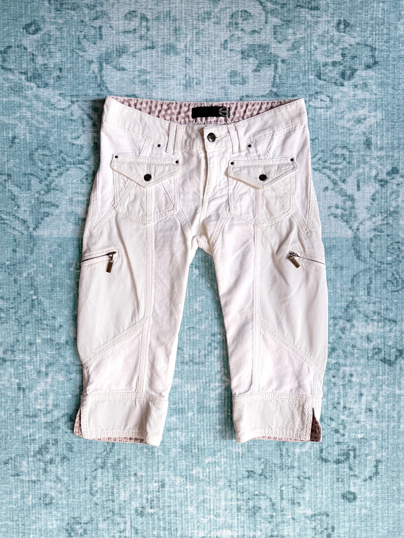 CAVALLI white moto-seam zip pocket capris