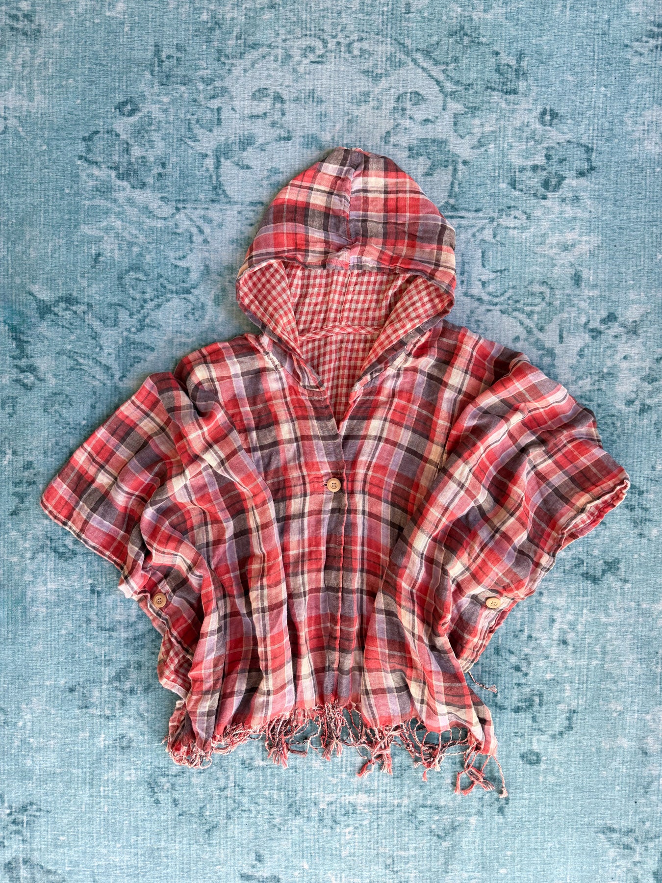 plaid hooded fringed poncho