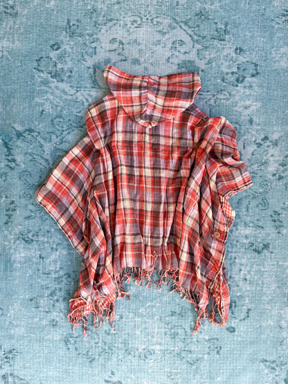 plaid hooded fringed poncho