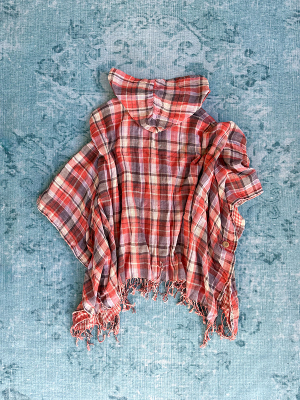 plaid hooded fringed poncho