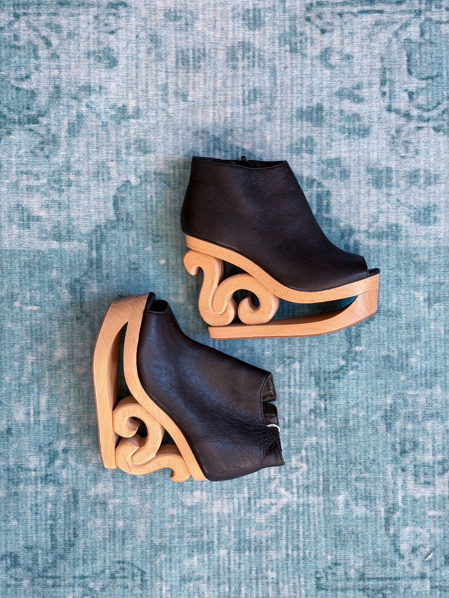JEFFREY CAMPBELL leather peep-toe carved wood platform boots