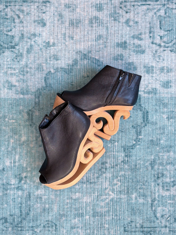 JEFFREY CAMPBELL leather peep-toe carved wood platform boots