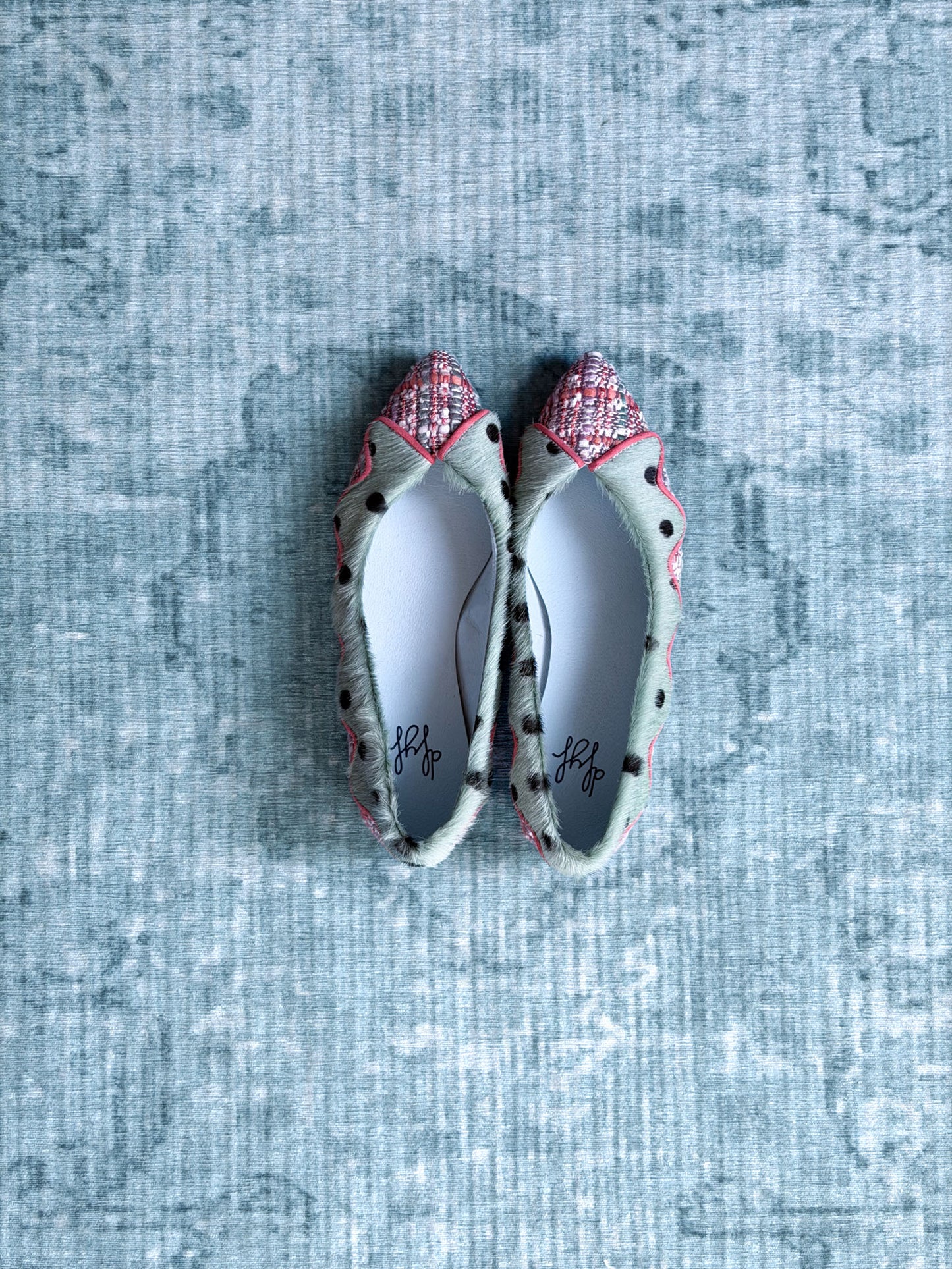 polka-dot pony hair tweed pointed flats