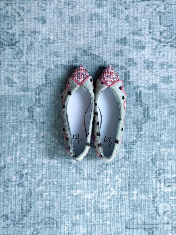polka-dot pony hair tweed pointed flats