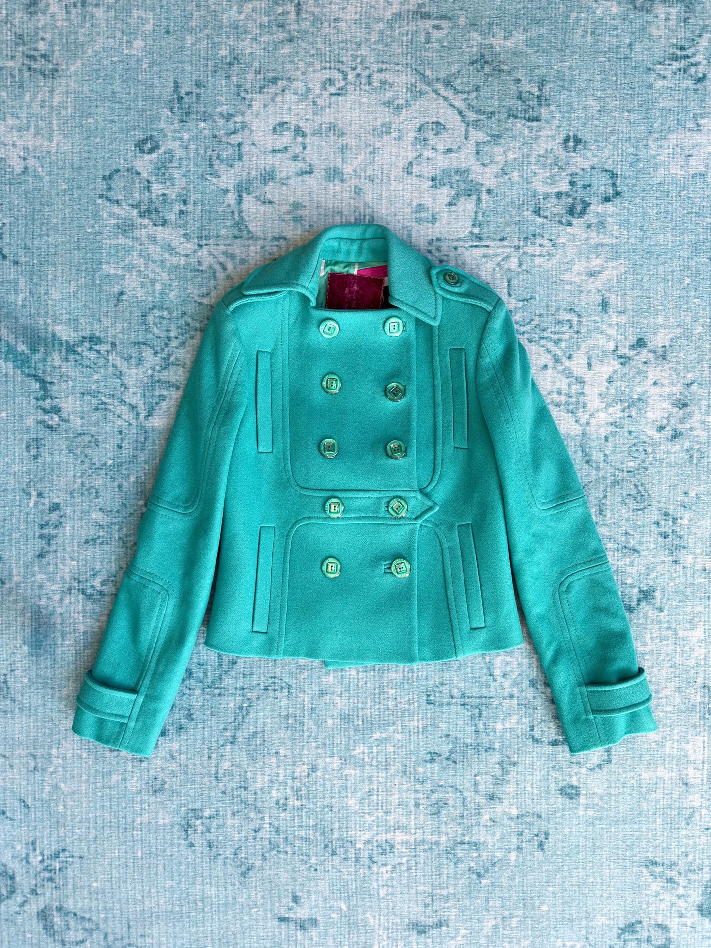 turquoise double-breasted wool peacoat