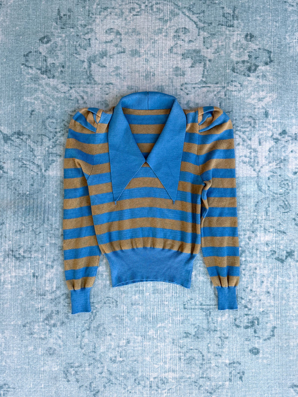 striped puff-shoulder wide-collar knit top