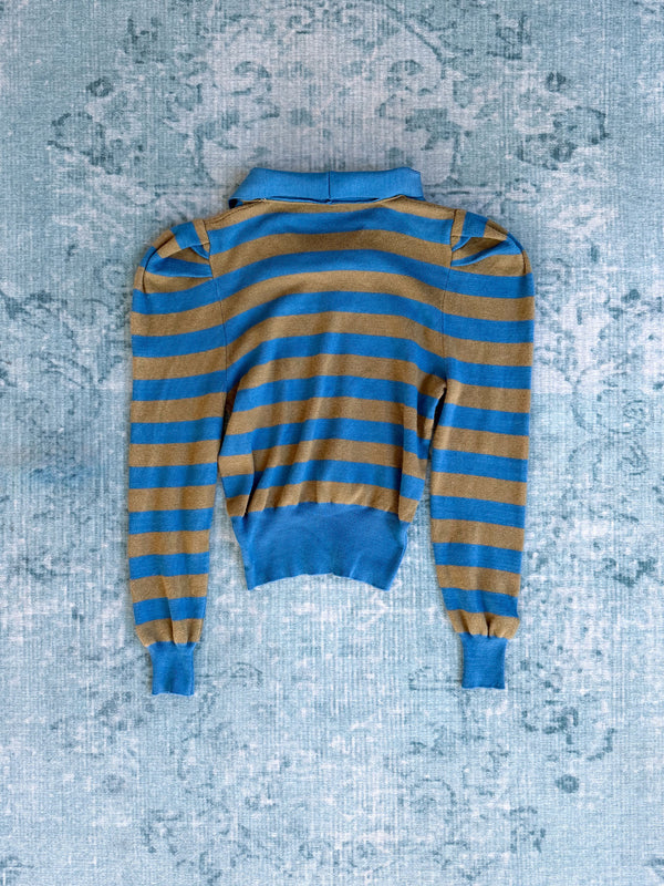 striped puff-shoulder wide-collar knit top
